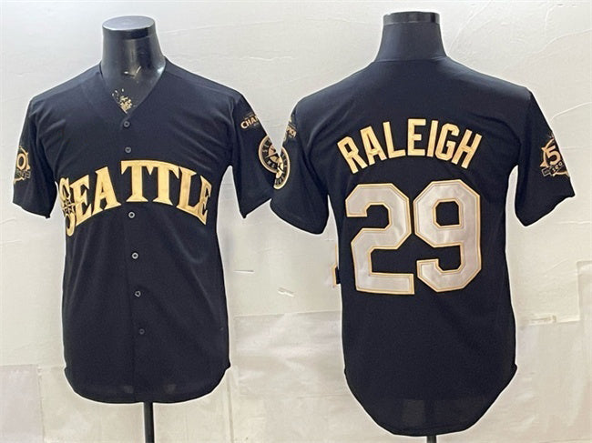 Seattle Mariners #29 Cal Raleigh Black Gold 50th Anniversary & AL West Division Champions Patch Vapor Limited Stitched Baseball Jersey