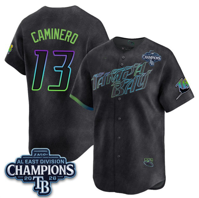Tampa Bay Rays #13 Junior Caminero Charcoal 2026 AL East Champions Patch City Connect Limited Stitched Baseball Jersey