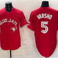 Toronto Blue Jays #5 Daulton Varsho Red 50 Seasons Patch Stitched Baseball Jersey