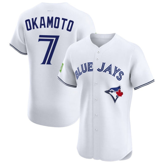 Toronto Blue Jays #7 Kazuma Okamoto White Home Elite Sponsor Patch Stitched Baseball Jersey