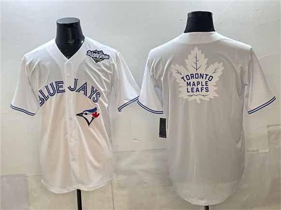 Toronto Blue Jays & Leafs White 2025 World Series With White Leafs Logo Cool Base Stitched Baseball Jersey