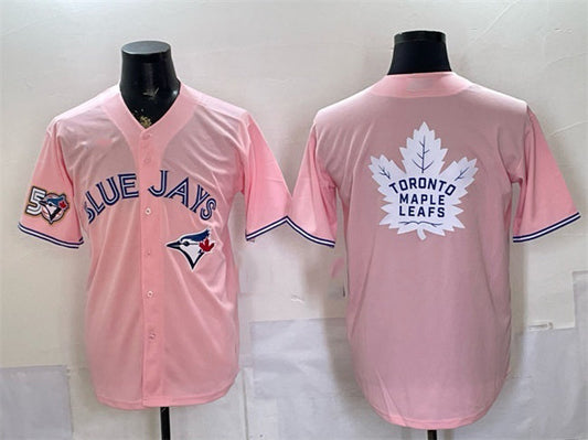 Toronto Blue Jays & Leafs With White Leafs Logo Pink 50 Seasons Patch Stitched Baseball Jersey