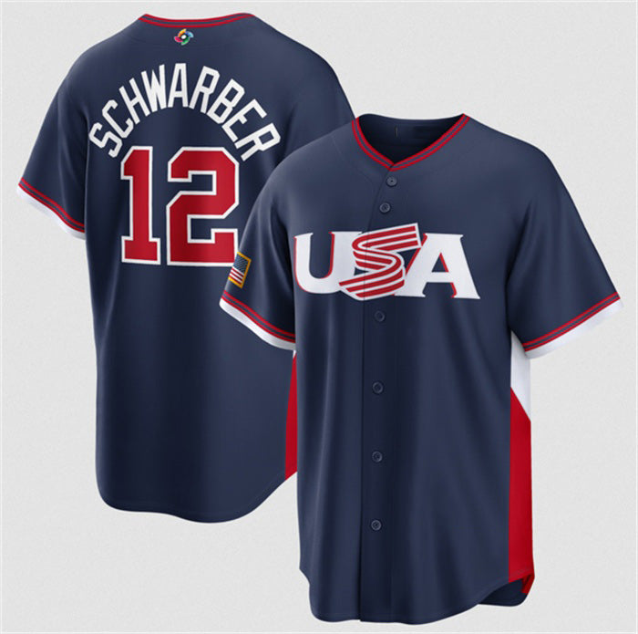 USA Baseball #12 Kyle Schwarber Navy 2026 World Baseball Classic Road Stadium Stitched Baseball Jersey