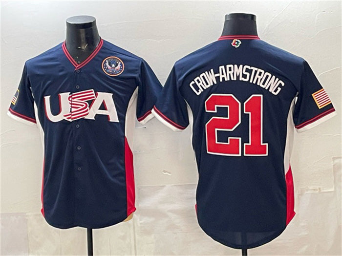USA Baseball #21 Crow-Armstrong Navy 2026 World Baseball Classic United States 250th Anniversary Patch Road Stadium Stitched Baseball Jersey
