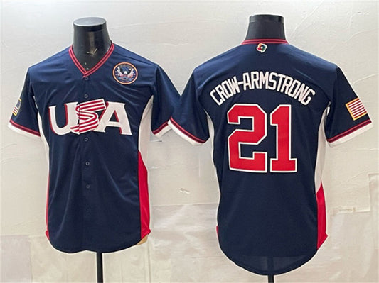 USA Baseball #21 Crow-Armstrong Navy 2026 World Baseball Classic United States 250th Anniversary Patch Road Stadium Stitched Baseball Jersey