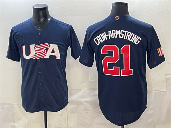 USA Baseball #21 Pete Crow-Armstrong Navy World Baseball Classic Stitched Baseball Jersey