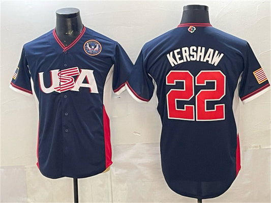 USA Baseball #22 Clayton Kershaw Navy 2026 World Baseball Classic United States 250th Anniversary Patch Road Stadium Stitched Baseball Jersey
