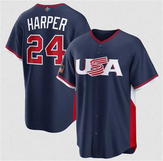 USA Baseball #24 Bryce Harper Navy 2026 World Baseball Classic Road Stadium Stitched Baseball Jersey