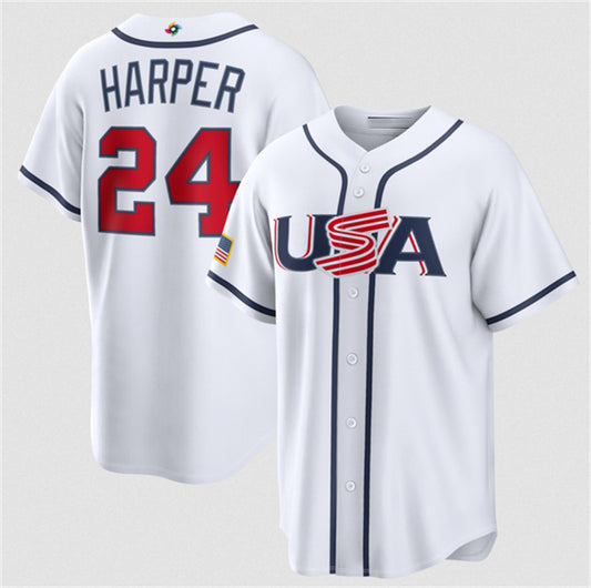 USA Baseball #24 Bryce Harper White 2026 World Baseball Classic Home Stadium Stitched Baseball Jersey