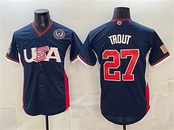 USA Baseball #27 Mike Trout Navy 2026 World Baseball Classic United States 250th Anniversary Patch Road Stadium Stitched Baseball Jersey