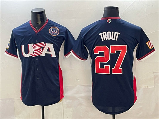 USA Baseball #27 Mike Trout Navy 2026 World Baseball Classic United States 250th Anniversary Patch Road Stadium Stitched Baseball Jersey