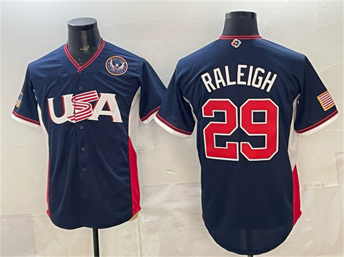 USA Baseball #29 Cal Raleigh Navy 2026 World Baseball Classic United States 250th Anniversary Patch Road Stadium Stitched Baseball Jersey