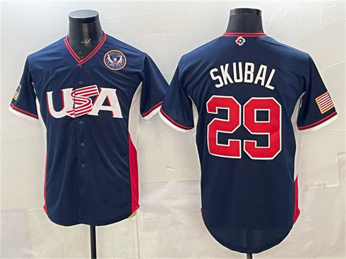 USA Baseball #29 Tarik Skubal Navy 2026 World Baseball Classic United States 250th Anniversary Patch Road Stadium Stitched Baseball Jersey