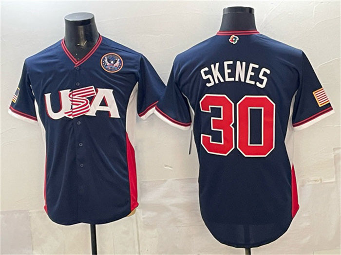 USA Baseball #30 Paul Skenes Navy 2026 World Baseball Classic United States 250th Anniversary Patch Road Stadium Stitched Baseball Jersey