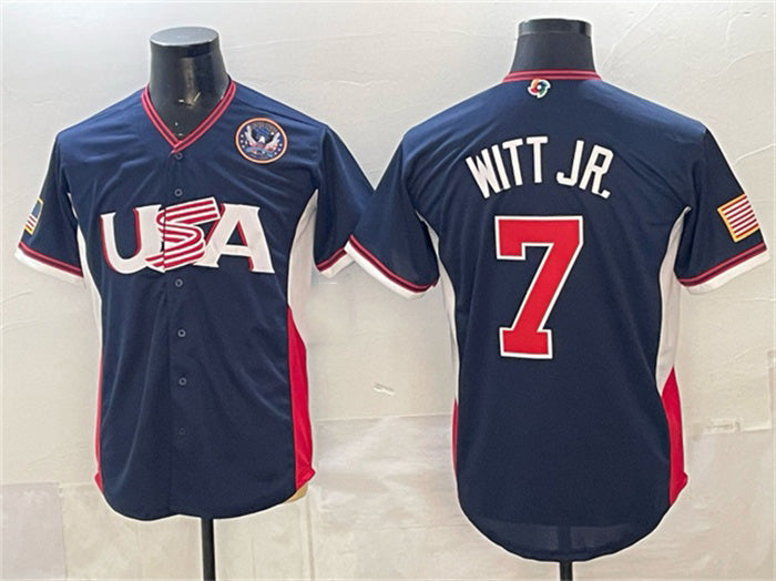USA Baseball #7 Bobby Witt Jr. Navy 2026 World Baseball Classic United States 250th Anniversary Patch Road Stadium Stitched Baseball Jersey