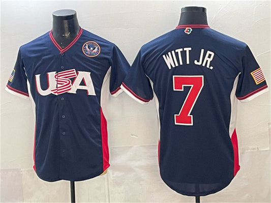 USA Baseball #7 Bobby Witt Jr. Navy 2026 World Baseball Classic United States 250th Anniversary Patch Road Stadium Stitched Baseball Jersey