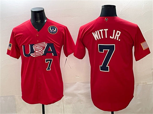 USA Baseball #7 Bobby Witt Jr. Red 2026 World Baseball Classic United States 250th Anniversary Patch Stadium Stitched Baseball Jersey