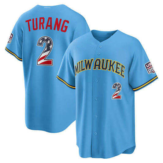 Milwaukee Brewers #2 Brice Turang USA 250 Fourth of July Road Stadium Jersey - Light Blue Puhics
