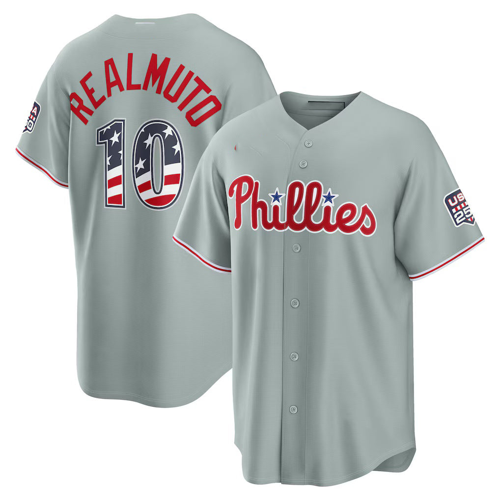 Philadelphia Phillies #10 J.T. Realmuto USA 250 Fourth of July Road Stadium Jersey - Gray Puhics