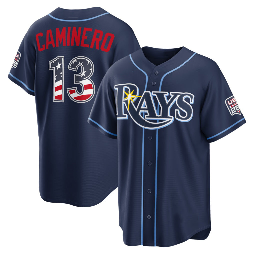 Tampa Bay Rays #13 Junior Caminero USA 250 Fourth of July Road Stadium Jersey - Navy Puhics
