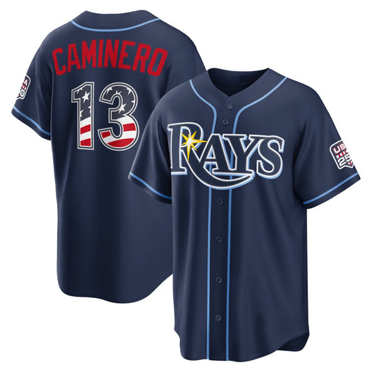 Tampa Bay Rays #13 Junior Caminero USA 250 Fourth of July Road Stadium Jersey - Navy Puhics