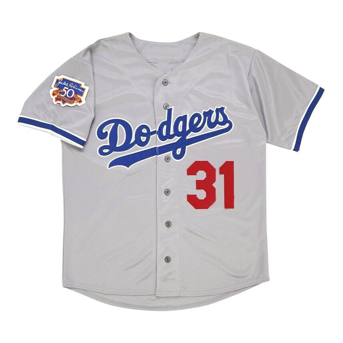 Los Angeles Dodgers #31 Mike Piazza #1997 Road Jersey w/ Jackie 50th Patch Stitched Baseball Jerseys
