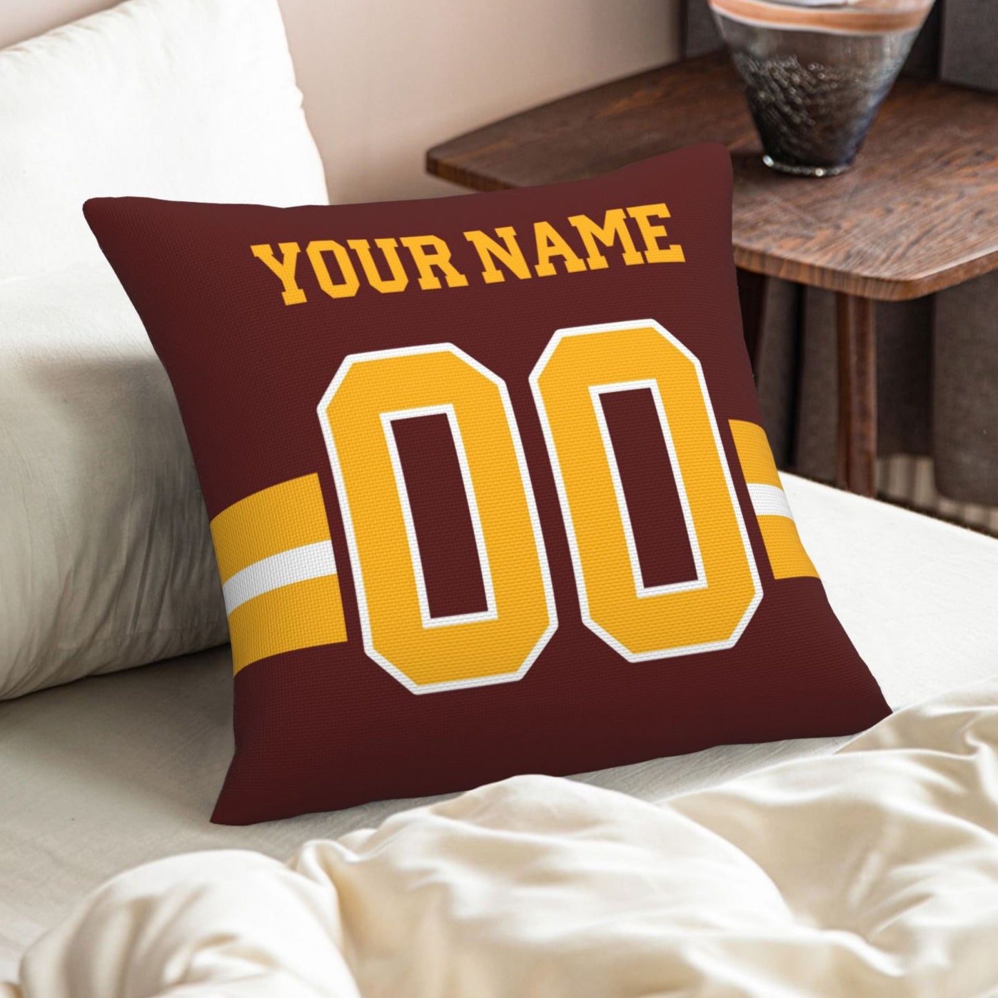 Custom Burgundy Gold W.Commanders Decorative Throw Pillow Case - Print Personalized Football Team Fans Name & Number Birthday Gift