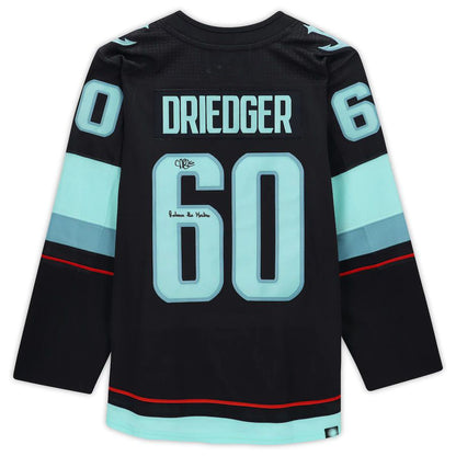S.Kraken #60 Chris Driedger Fanatics Authentic Autographed with Inaugural Season Jersey Patch with Release the Kraken Inscription  Blue Stitched American Hockey Jerseys