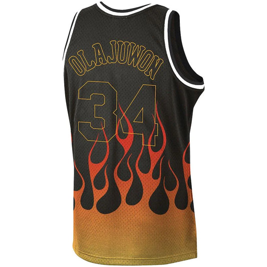 H.Rockets #34 Hakeem Olajuwon Mitchell & Ness 1993-94 Hardwood Classics Flames Swingman Jersey  Black Stitched American Basketball Jersey