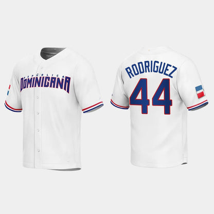 #44 JULIO RODRIGUEZ DOMINICAN REPUBLIC BASEBALL 2023 WORLD BASEBALL CLASSIC REPLICA JERSEY ¨C WHITE Stitches Baseball Jerseys