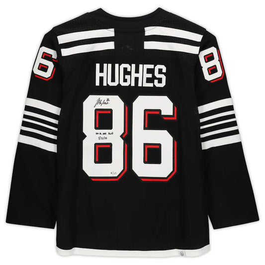 NJ.Devils #86 Jack Hughes Fanatics Authentic Autographed Alternate with 100th Point 3.22.22 Inscription Limited Edition of 22 Hockey Jerseys