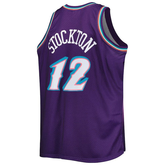 U.Jazz #12 John Stockton Mitchell & Ness Big & Tall Hardwood Classics 1996-97 Swingman Jersey Purple Stitched American Basketball Jersey
