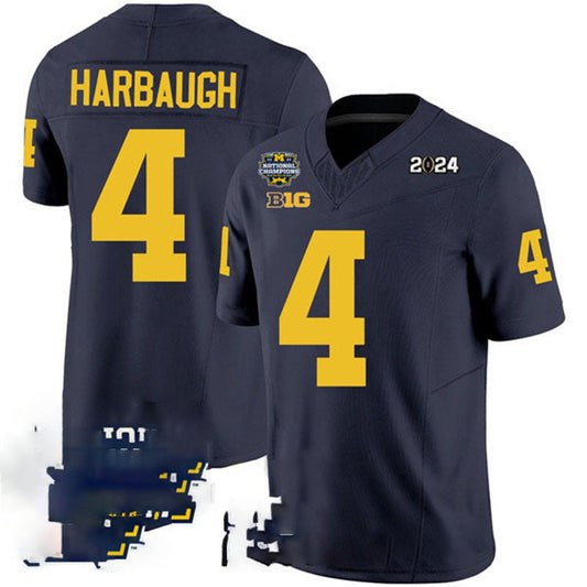 M.Wolverines #4 Jim Harbaugh Navy 2024 F.U.S.E. With 2023 National Champions Patch Stitched Jersey College Jerseys