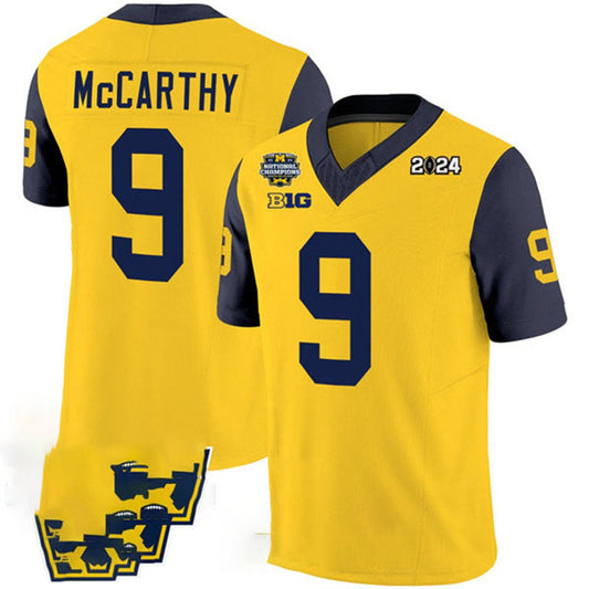 M.Wolverines #9 J.J. McCarthy Yellow Navy 2024 F.U.S.E. With 2023 National Champions Patch Stitched Jersey College Jerseys