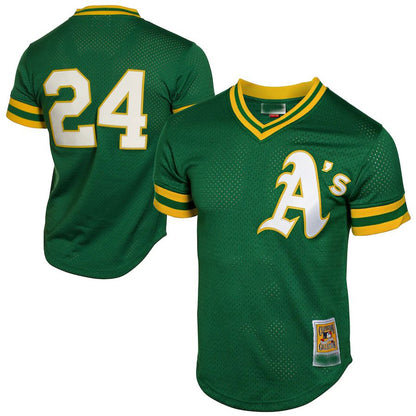 Oakland Athletics #24 Rickey Henderson Mitchell & Ness Green 1991 Cooperstown Mesh Batting Practice Jersey Baseball Jerseys